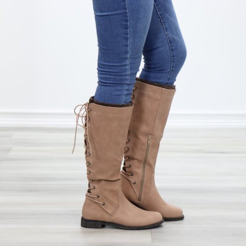 Taupe Warm Winter Mid Calf Lace Back Boots - Picture 14 of 15